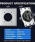Top Shelf Heavy Duty Nema 14 50R Socket For 50 Amp EV Charging At 125 250V with specifications for installation and size.