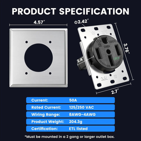 Top Shelf Heavy Duty Nema 14 50R Socket For 50 Amp EV Charging At 125 250V with specifications for installation and size.