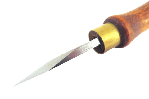 Dual Bevel Striking Marking Knife With Hardened Mn V Steel Blade Heat Treated To HRc 61 From A Czech Tool Maker, close-up on blade and handle