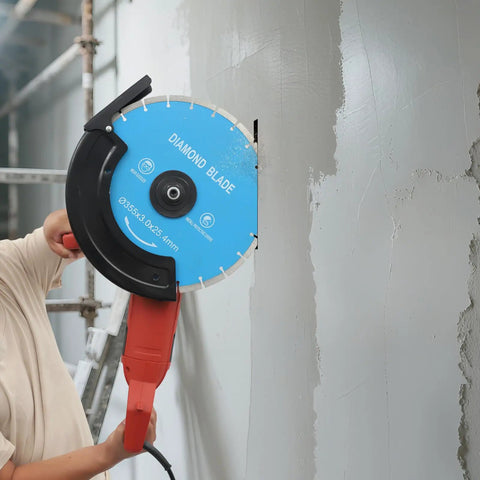 A Heavy Hitter Circular Concrete Saw Powered By A Rugged 3000W Copper Motor cutting through a concrete wall with a diamond blade.
