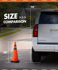 2 Pack 28 Inch Orange Collapsible Traffic Cones With Quick Pull Setup And Slick Fold Flat Storage next to a vehicle for size comparison.