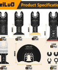 33 Piece Oscillating Tool Blades Set Hella Versatile Multi Tool Kit For Wood And Metal Bi Metal And Titanium Pro Contractor Gear with various blade specifications.