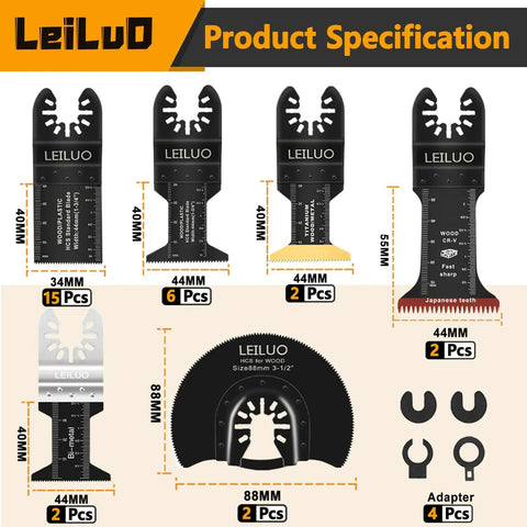33 Piece Oscillating Tool Blades Set Hella Versatile Multi Tool Kit For Wood And Metal Bi Metal And Titanium Pro Contractor Gear with various blade specifications.