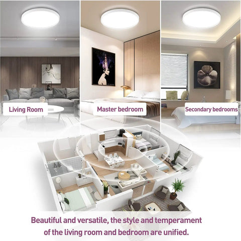Two Pack Flush Mount LED Ceiling Lights 12 Inch 28W Energy Saving With 3 Color Temperatures in a modern home setting.