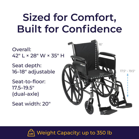 Cruiser Iii Lightweight Folding Wheelchair With Mag Wheels And 20 Inch Plush Seat detailed size chart and measurements.