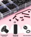 Top Shelf M2.5 Metric Screw Assortment Kit Featuring 1110 Pieces Of Black Countersunk Hex Socket Cap Bolts And Nuts Set With Washers And Wrench. Screws and nuts in storage case.