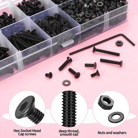 Top Shelf M2.5 Metric Screw Assortment Kit Featuring 1110 Pieces Of Black Countersunk Hex Socket Cap Bolts And Nuts Set With Washers And Wrench. Screws and nuts in storage case.