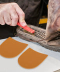 Grippy Shoe Heel Pads And Repair Patch Set for Sneakers and Boots Rubber Sole Protector shows close-up of khaki patches