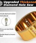 DaduoRi 1-1/4 in diamond hole saw with 2 removable pilot bits; serrated blade, gold-colored.