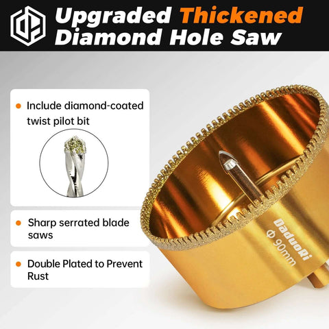 DaduoRi 1-1/4 in diamond hole saw with 2 removable pilot bits; serrated blade, gold-colored.