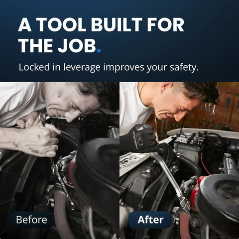 Mechanic using Rhino Wrench Extender Tool Bar For Extra Long Leverage 15 Inch Wrench Extension in engine bay before and after.