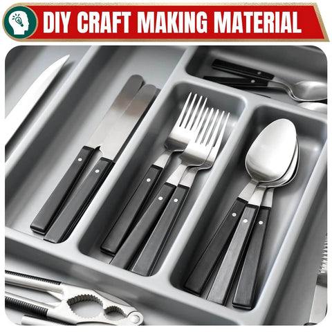 Black-handled cutlery set in a drawer organizer labeled 'DIY Craft Making Material'.
