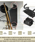 Heavy Duty Wheelbarrow Storage Hook With Silicone Pads, 90 Lb Capacity, shown storing a wheelbarrow vertically on a wall
