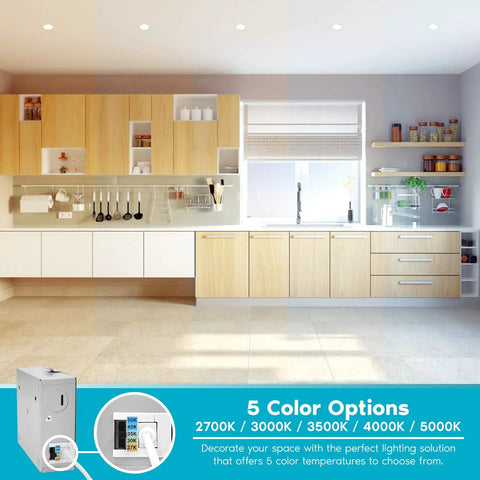 Modern kitchen with Ultra Thin 3 Inch LED Recessed Light With Junction Box, 8W Dimmable Wafer Downlight, 5 CCT options.