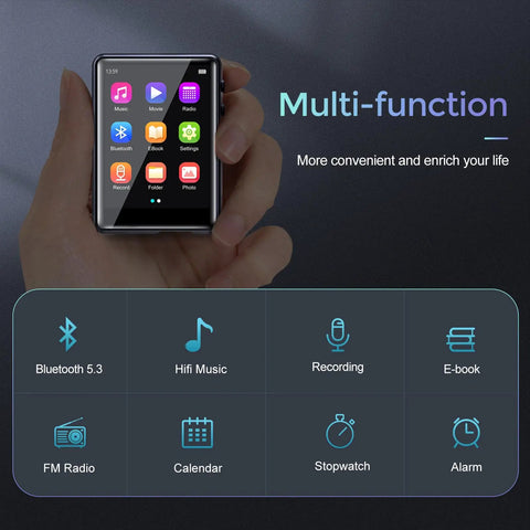 Bluetooth 5.3 MP3 Player With Dope HiFi Lossless Sound Portable Music Player with touchscreen in hand showing icons