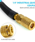 1/4 inch industrial quick coupler for Quarter Inch X 100 Feet Reinforced Polyurethane Air Compressor Hose With 300 Psi Quick Connect Coupler And Plug Kit Blue Snappy Roll Out Smooth No Kink Flex Shop Essential Gear.