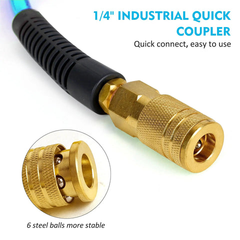 1/4 inch industrial quick coupler for Quarter Inch X 100 Feet Reinforced Polyurethane Air Compressor Hose With 300 Psi Quick Connect Coupler And Plug Kit Blue Snappy Roll Out Smooth No Kink Flex Shop Essential Gear.