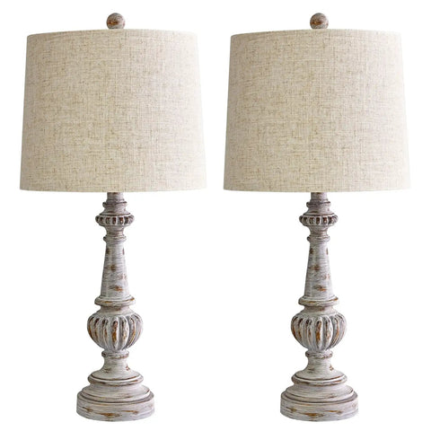 Classic 24.5 Inch Table Lamp Set Of 2 For Living Room And Bedroom With Linen Fabric Shade And Resin Base, Cozy Rustic Nightstand Lamps For Study Office And Hallway