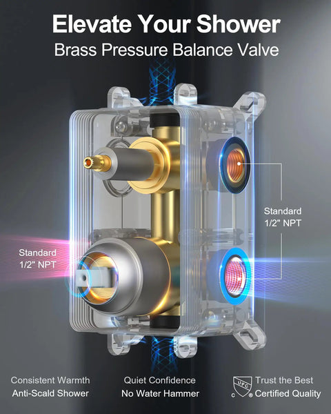 Inside view of GRANDJOY 10" Wall Mount Shower System with Handheld Spray, Brushed Nickel, brass pressure balance valve.