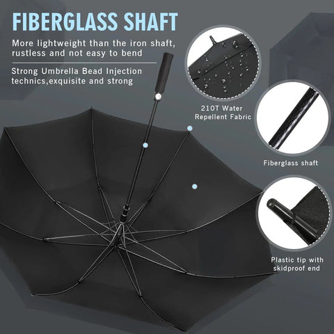 Oversized 54 Inch Windproof Golf Umbrella With Double Canopy, Black, showing fiberglass shaft and water-repellent fabric