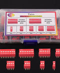 35 Piece Dip Switch Kit With Double Row On Off Slide Type Dip Switches 1 2 3 4 6 8 10 Position 2.54mm PCB Mountable Red Toggle Switches For Circuit Boards And Breadboards displayed on black surface