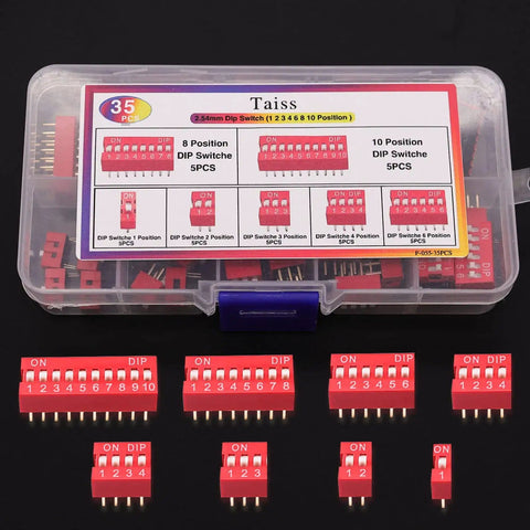 35 Piece Dip Switch Kit With Double Row On Off Slide Type Dip Switches 1 2 3 4 6 8 10 Position 2.54mm PCB Mountable Red Toggle Switches For Circuit Boards And Breadboards displayed on black surface
