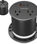 Dual Sided Desk Grommet Power Strip With Four AC Outlets And Three USB Ports Including Two Type C Connectors, black design.