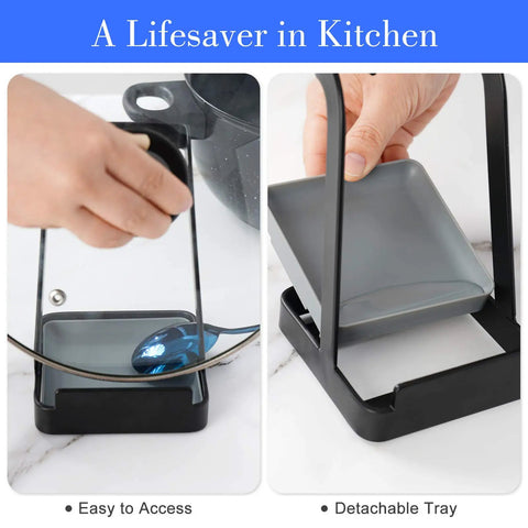 Hella Convenient Multi Function Kitchen Utensil And Pot Lid Organizer Pad With Spoon Rest Ladle Holder Catch Mat Drip Tray Washable Heavy Duty Stick Mount Black, showing detachable tray and pot lid holder.