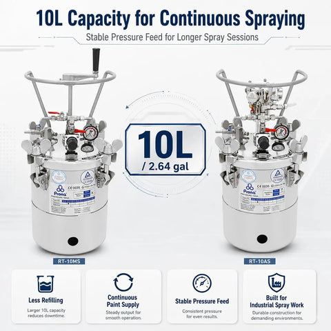 Built Like A Tank 10L Pneumatic Paint Pressure Pot Forged From Sus304 Stainless Steel Featuring Air Powered Automatic Agitator For Zero Hassle Continuous Mixing And Pro Level Spray Work
