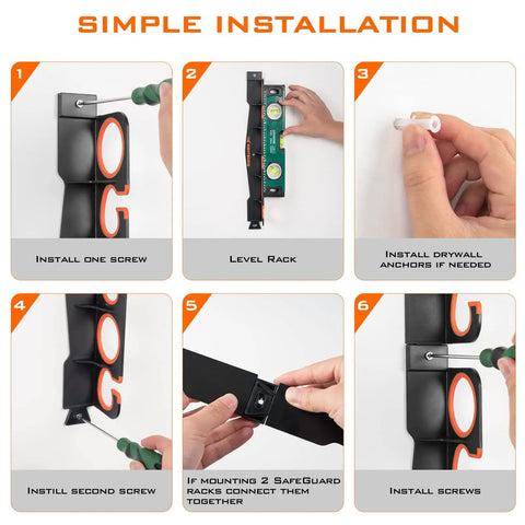 Installation steps for Fishing Rod Holder For Garage Or Wall Or Ceiling Mount, showing screws, leveling, and securing method.