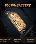 Beast Mode Electric Fat Tire Mountain Bike 960Wh 48V battery on frame, showing capacity and range details.