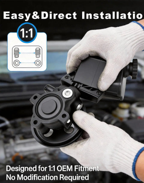 Hands holding Power Steering Pump With Pulley And Reservoir For Dodge Ram 1500 2002 Through 2007 Beefed Up Complete Assembly