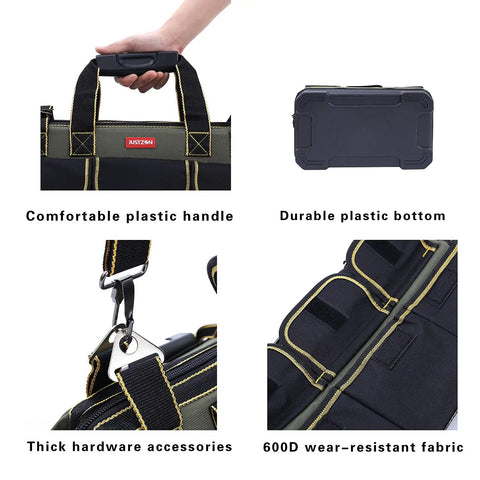 17 Inch Tool Bag For Men With Wide Mouth And Waterproof Molded Base Plastic Padded Handle Adjustable Shoulder Strap Details