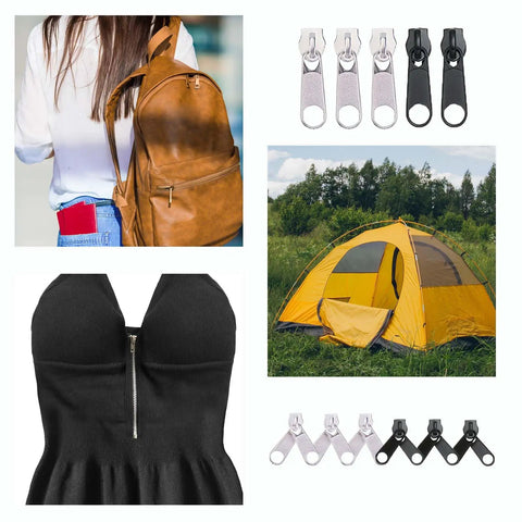 Collage showing Pro-Grade Metal Zipper Repair Kit Set with size 3, 5, 8 sliders on backpack, tent, dress. Includes dual install pliers.