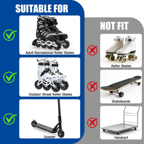 Comparative chart showing suitability of 8 Pack 76mm 84A Inline Skate Wheels for certain roller skates, not for others.