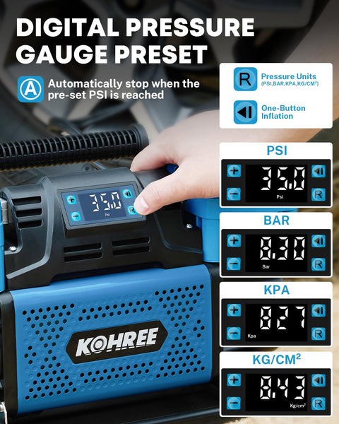 12V Dual Cylinder Air Compressor With Digital Display Panel And Auto Stop Inflation showing PSI readings