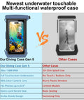 Comparison of Fully Submersible Diving Phone Case With Full Touchscreen Access to other cases with features table.