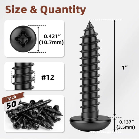 Tough As Nails Number 12 By 1 Inch Pan Head Self Tapping Screws Black Finish 304 Stainless Steel Phillips Drive, pack of 50.