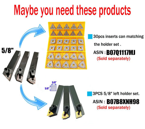 5/8-Inch Excircle Lathe Tool Holder Set With Indexable Carbide Inserts shown with inserts and tool holders, ASIN BO7Q1117MJ