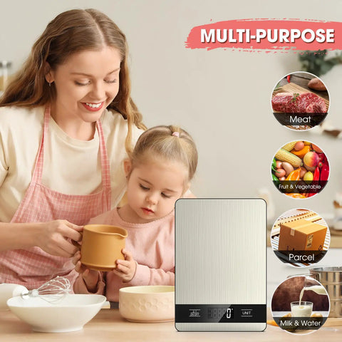 Mother and daughter measuring ingredients with Digital Kitchen Scale With 11Lb Capacity, LCD Display, Stainless Steel Platform