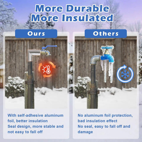 Comparison of Foam Pipe Insulation Kit With Aluminum Foil Shield, 8 Pieces Including Long Tubes And Elbows showing freeze protection and non-protection.