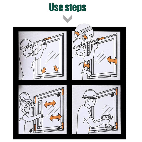 Illustration showing steps to use Air Wedge Bag Kit Three Size Set With 500 Lb Rating for window alignment.
