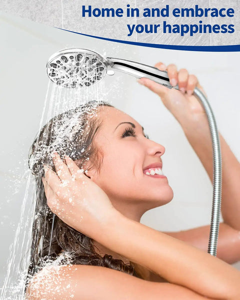 Woman enjoying High Pressure Handheld Shower Head With Seven Spray Modes For Custom Comfort, chrome finish, in shower