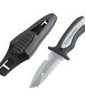 Beefy Titanium Dive Knife With 3.5-Inch Blade, Locking Sheath, And BCD Mount Kit For Scuba Gear shown with tanto point, serrated edge.