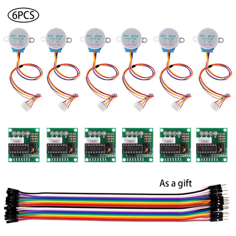 Six 28BYJ-48 5V stepper motors with ULN2003 driver boards and color wires, front view