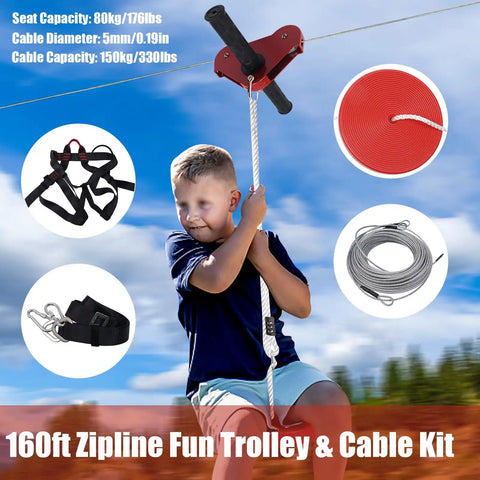 Child using 160 Feet Backyard Zip Line Kit For Kids And Adults Up To 330 Lbs Stainless Steel Cable with accessories visible.