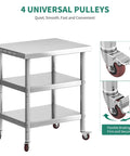 Heavy Duty Stainless Steel Work Table On Wheels With Three Shelves 30 By 24 Inch Industrial Grade Mobile Prep Station For Kitchen Garage Workshop NSF Certified Easy To Clean And Versatile Shop Ready, side view with locking casters