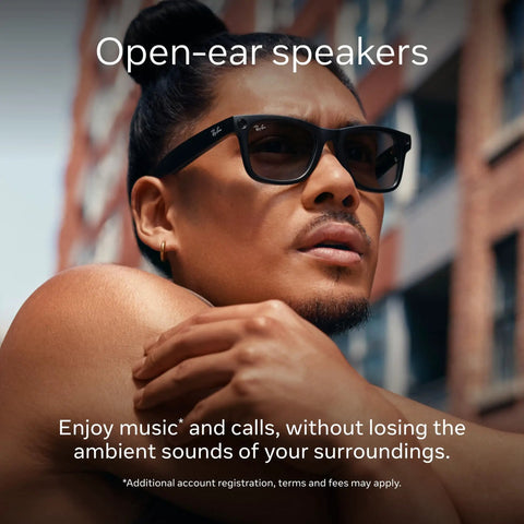 Person wearing Meta Gen 1 Skyler Smart AI Glasses for Men and Women with 12 MP Camera Open-Ear Audio in urban setting.