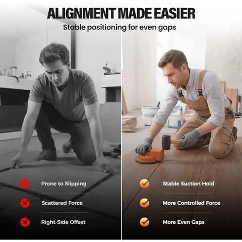 Comparison of two men installing floors; one using Heavy Duty Suction Cup Floor Gap Fixer For Laminate Wood Tile And Vinyl.