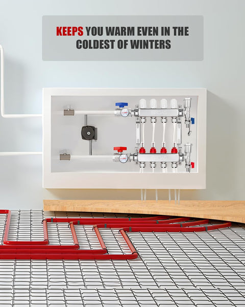 4-Branch PEX Radiant Floor Heating Manifold Kit With 4 Loops, stainless steel, NPT shut-off valves, SUS 304 corrosion resistant